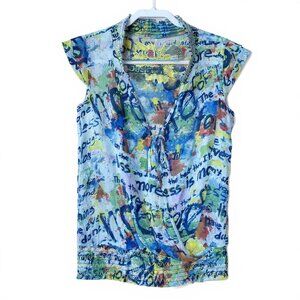 Desigual Top Large Women's Sheer Wrap Art to Wear Tie Front Colorful
